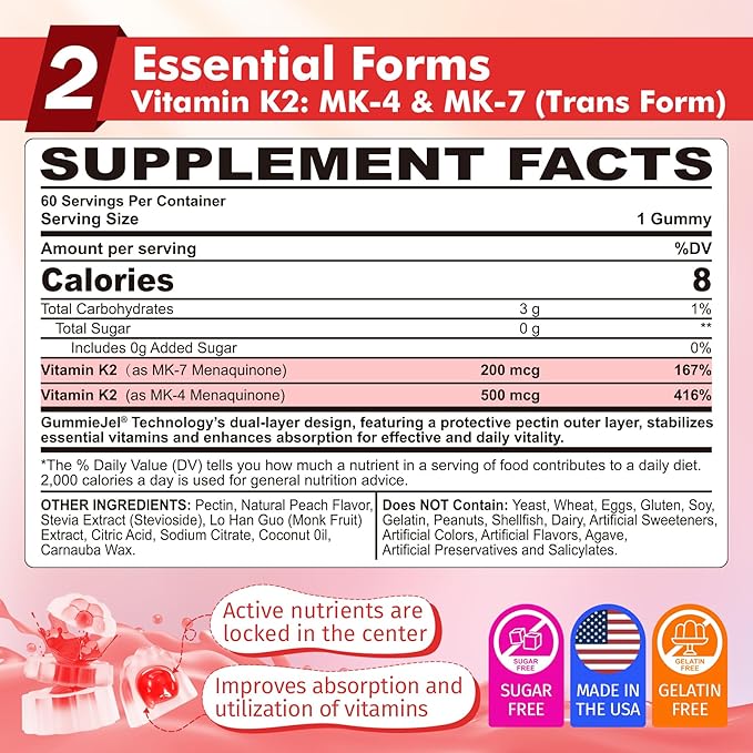Vitamin K2 Gummies MK-7 200 mcg &amp MK-4 500 mcg for Women &amp Men Sugar Free Perfect 2-IN-1 Full Spectrum Vitamin K2 Supplement for Bone Promotes Calcium Absorption Brain Teeth Immune Pack