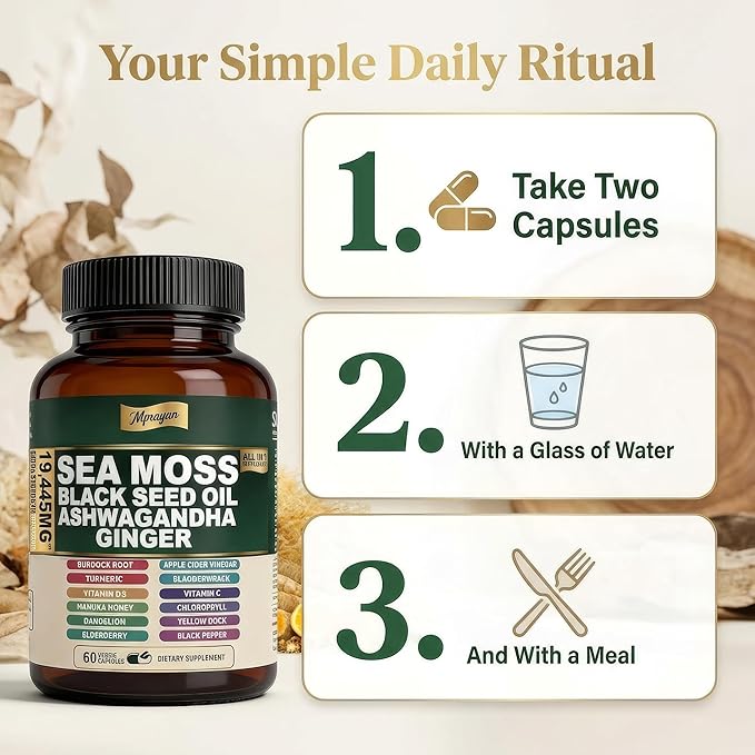 Sea Moss Black Seed Oil Ashwagandha Capsules - 10:1 Extract Blend 60ct