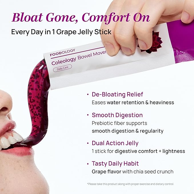 FOODOLOGY Coleology Bowel Movement Jelly (Grape &amp Prune) – Prebiotic Fiber Supplement for Gut Health &amp Daily Regularity Chia Seeds Korean Supplement – 10 Sticks