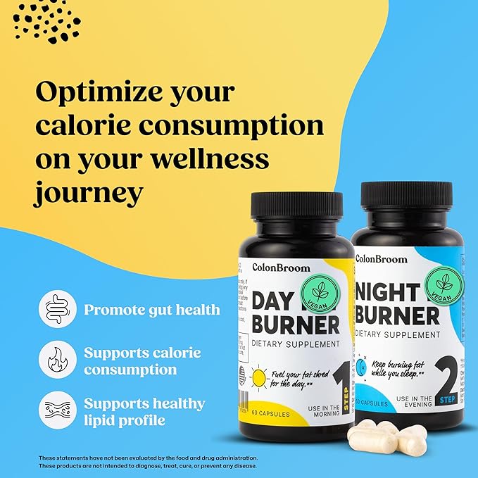 ColonBroom Day &amp Night Burner Supplements Pills for Women/Men with Inulin L-carnitine Coenzyme Q 10 Grain of Paradise and More Colon Broom 60 Vegan Capsules Per Container