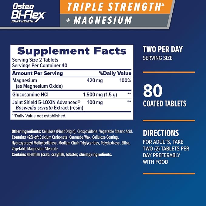 Osteo Bi-Flex Triple Strength Glucosamine Supplement with Magnesium Improve Joint Function Helps Leg Cramps and Muscle Function 80 Coated Tablets