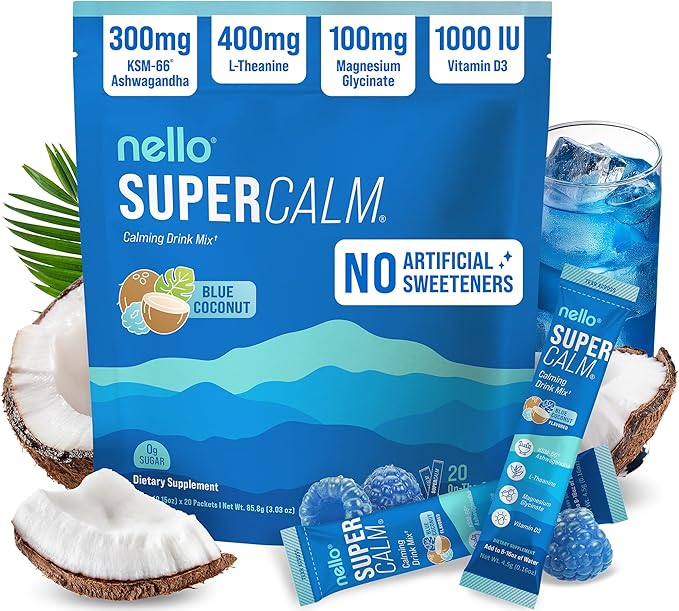 Nello Supercalm Drink Mix with Magnesium Glycinate KSM 66 Ashwagandha Vitamin D3 and L Theanine Calm Powder Supplements for Relaxation Support No Sugar Travel Packets 20 Ct Blue Coconut