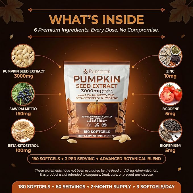 Pumpkin Seed Oil 3000mg with Saw Palmetto Beta-Sitosterol Zinc &amp BioPerine® – 180 Vegan Softgels | Prostate &amp Hair Growth Support | DHT Blocker | Urinary &amp Bladder Health | Cold-Pressed