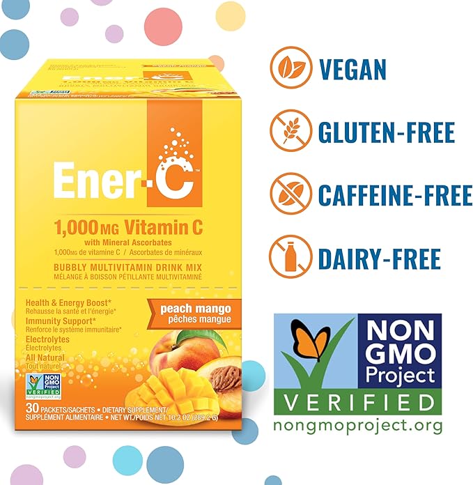 Ener-C Multivitamin Drink Mix - Vitamin Packets for Water Electrolytes Powder Packets Vitamin Drink Mix Hydration Liquid Mix Immune Booster for Adults Healthy Energy - Peach Mango 60 Count