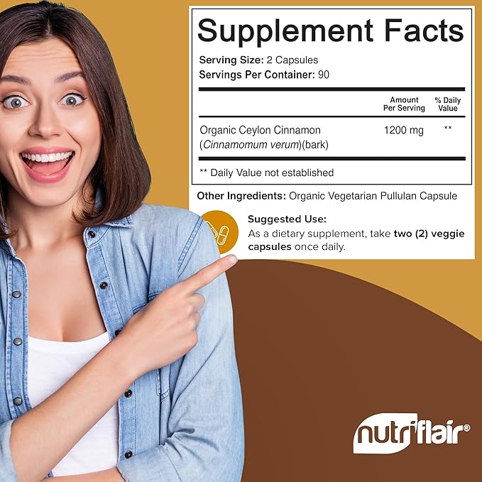 NutriFlair Organic Ceylon Cinnamon (100% Certified Organic Ceylon Cinnamon) 1200mg per Serving 180 Capsules - Joints Inflammatory Antioxidant