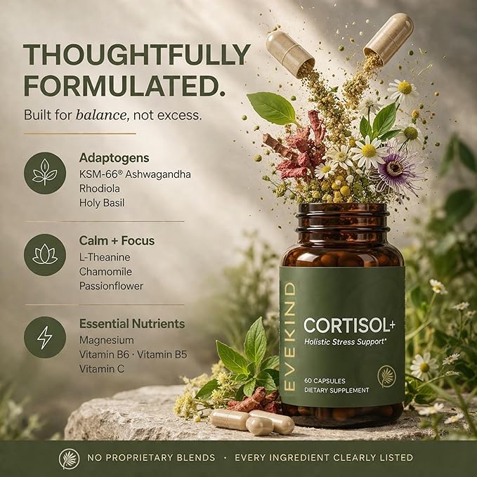 EVEKIND Cortisol Supplement for Women | Stress Support for Mood Energy &amp Hormone Balance | Calm Focus &amp Daily Reset | Adaptogen Blend with KSM-66® Ashwagandha Rhodiola L-Theanine | 60 Caps
