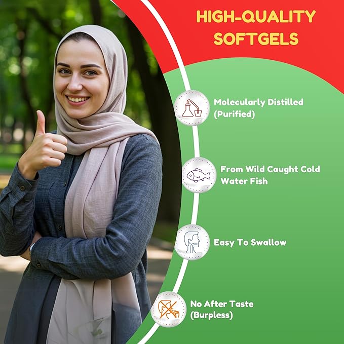 SHIFAA NUTRITION Halal Fish Oil Softgels 60 Ct Double Strength - Halal Omega 3 Fish Oil Supplements. Wild Caught Non-GMO &amp Purified