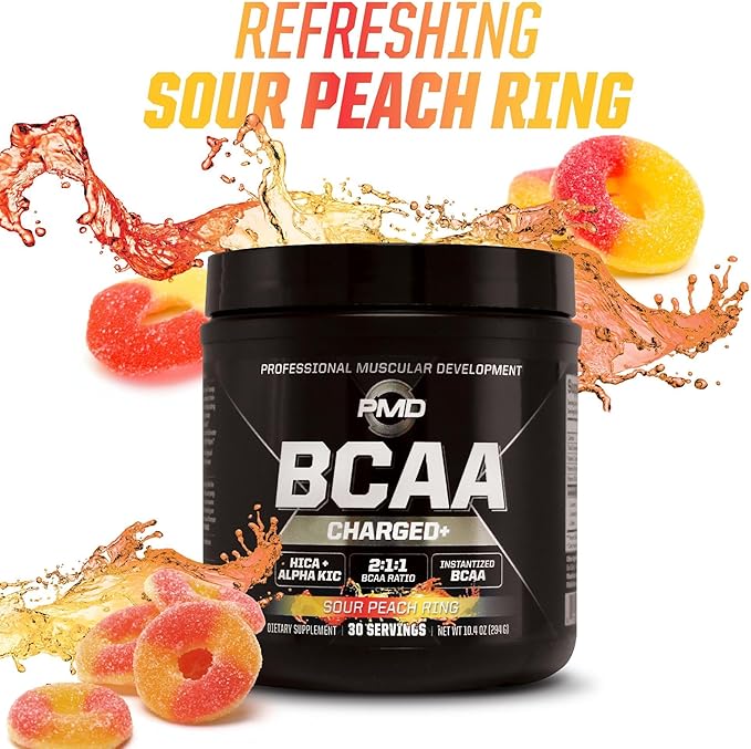 PMD Sports BCAA Charged Delicious Amino Acid Drink Mix for Performance and Recovery - Increase Muscle Function for Workout and Daily Energy - Sour Peach Ring (30 Servings)