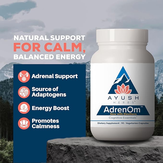 Ayush Herbs AdrenOm - Ayurvedic Adrenal and Stress-Support Supplement for Women &amp Men Ashwagandha &amp Eleuthero to Support Adrenal Balance Cognitive Function &amp Calm - 90 Vegetarian Capsule