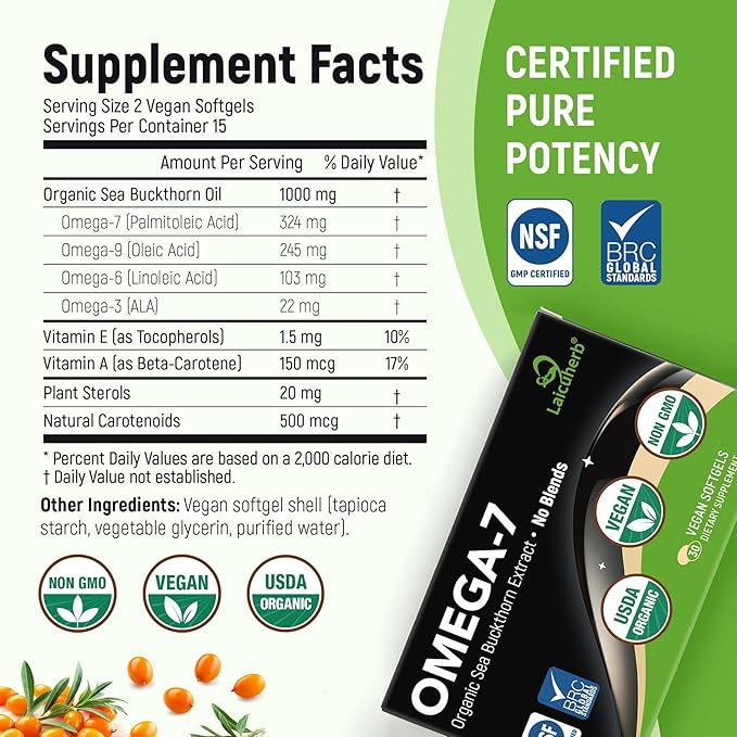 Organic Omega 7 Sea Buckthorn Oil Capsules - Omega 7 3-6-9 Supplements for Skin Eye Hair &amp Nail Health Hydration &amp Wellness SupportUSDA-Certified 30 Softgels Travel-Friendly