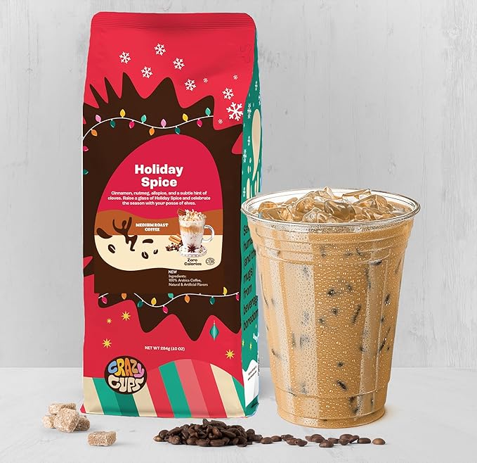 Crazy Cups Flavored Holiday Ground Coffee Variety Pack Includes Holiday Spice White Christmas Caramel Eggnog in 10 oz Bags 3 Pack