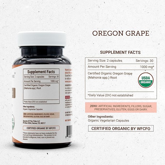 Secrets of the Tribe Oregon Grape USDA Organic Capsules | Certified Organic Vegetarian Capsules Herbal Dietary Supplement | Mahonia aquifolium Dried Root (60 Count)