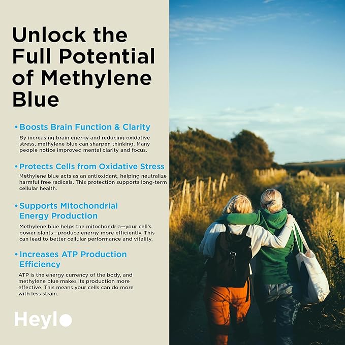 Heylo Methylene Blue Capsules - Pharmaceutical USP Grade Quality | Third Party Tested | Boosts Memory Focus Clarity Energy | Supports Cellular &amp Mitochondrial Function Made in USA 30mg