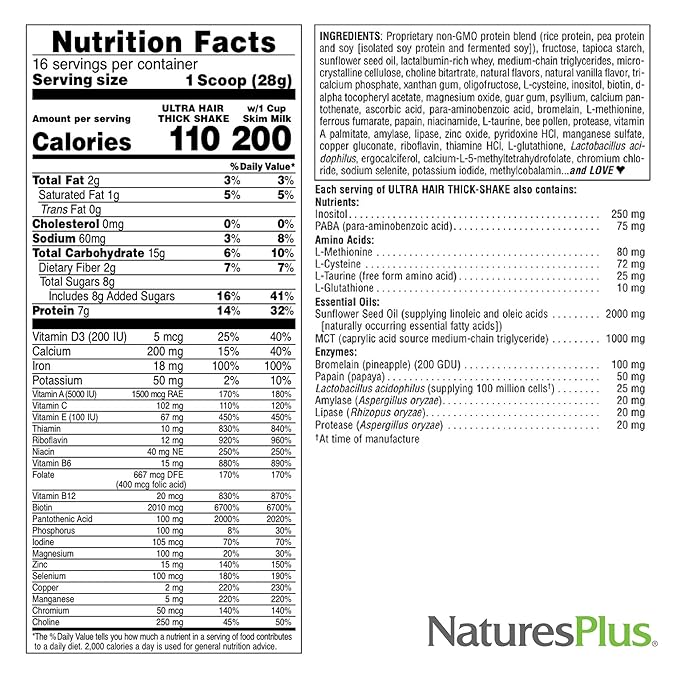 NaturesPlus Ultra Hair Thick Shake - 1 lb - French Vanilla Flavor - Hair Protein Powder for Healthy Growth - With Biotin &amp Amino Acids - Non-GMO Gluten-Free - 16 Servings