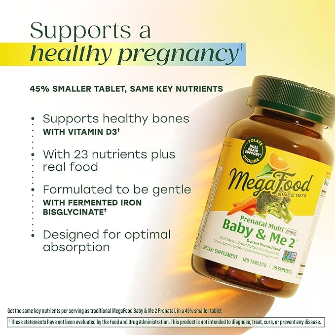 MegaFood Baby &amp Me 2 Prenatal Multi Minis - Prenatal Vitamins for Women with Choline &amp Methyl Folate - Gluten-Free Vegetarian Pre Natal Multivitamin for Women – 120 Minis Tablets 30 Serving