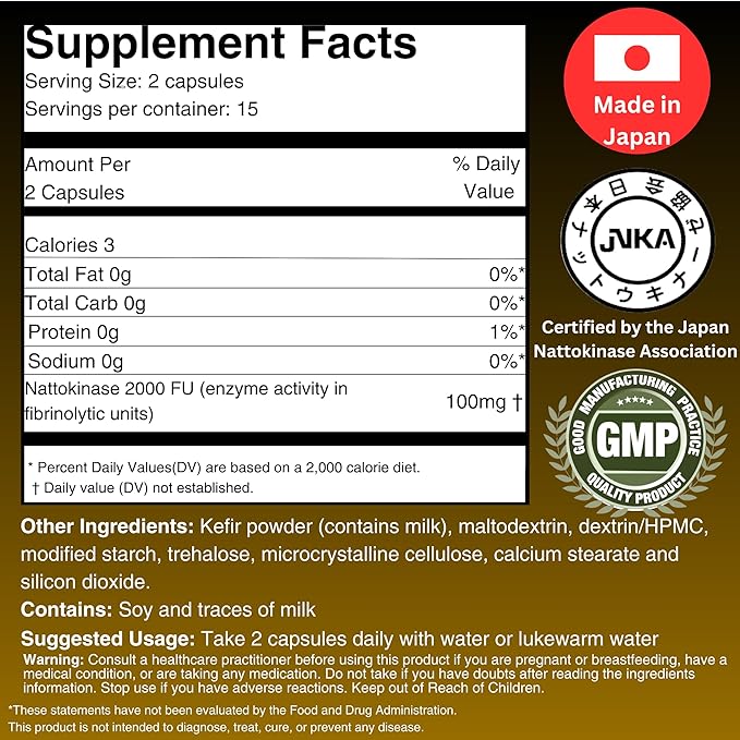 Nattokinase 2000 FU and Kefir Supplement - Made in Japan - Patented Double Edged Support for Cardiovascular and Circulatory System (30 Capsules)