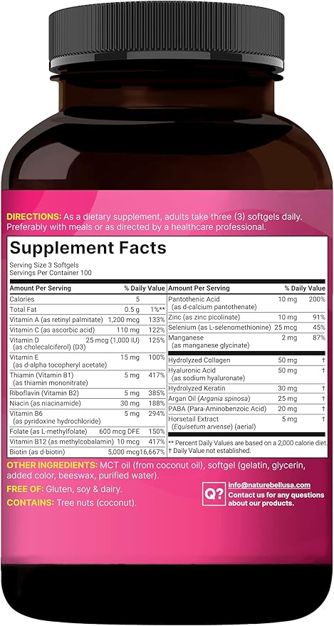 NatureBell Hair Skin &amp Nails* Vitamins for Women – 5000mcg Biotin Collagen Keratin Hyaluronic Acid Argan Oil &amp B‑Complex – 21‑in‑1 Formula with MCT Oil 300 Softgels (100 Days Supply)