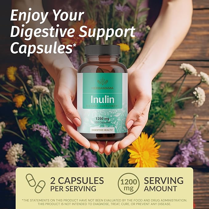 HERBAMAMA Inulin Powder Capsules 1200mg - Digestive Support &amp Gut Cleanse with Inulin Prebiotic Fiber - Vegan Non-GMO Chicory Root Powder Supplement