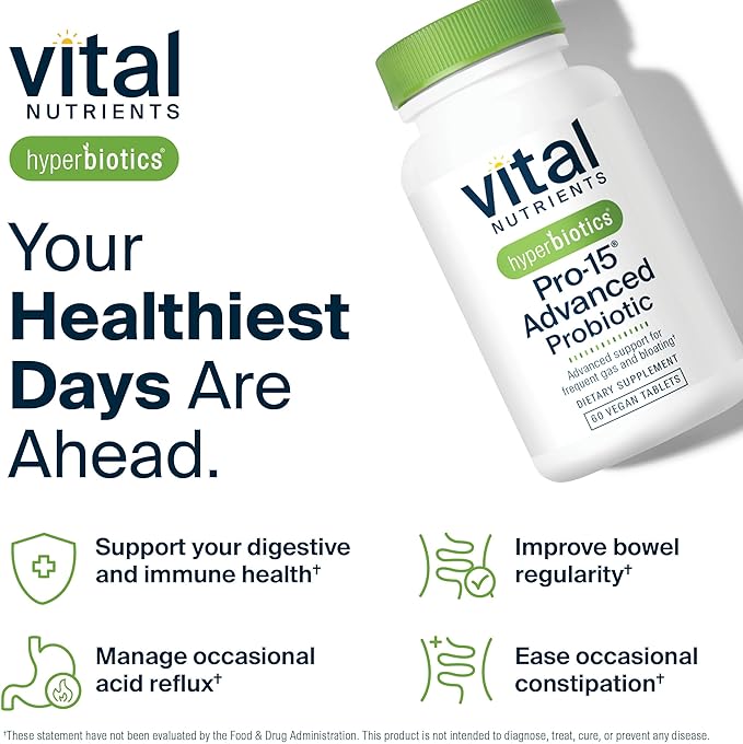 Hyperbiotics Vital Nutrients Pro-15 Advanced Probiotics for Women and Men | 15 Strains + Kiwifruit | Clinically Studied Daily Probiotics for Digestive Health Gas &amp Bloating | 60 Vegan Tablets