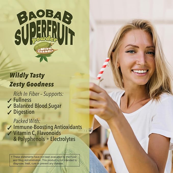 Baobest Organic Baobab Fruit Powder Raw Superfood with Vitamin C and Prebiotic Fiber for Immune Support and Gut Health Gluten-Free GLP-1 Support - 12 Ounce Bag