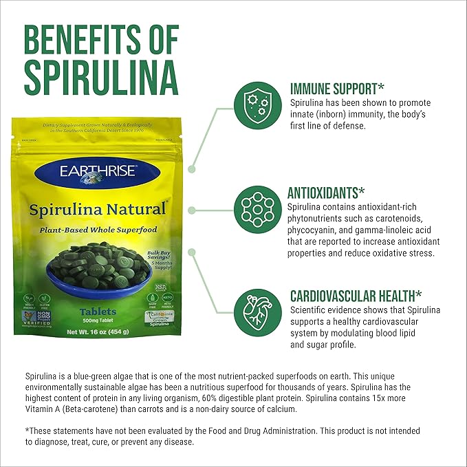 Earthrise Spirulina Pure Californian Spirulina 500 mg Vegan Gluten Free Keto Friendly Non -GMO Super Food high in Vitamins &amp Minerals. 1 LB Tablets (150 Serving)