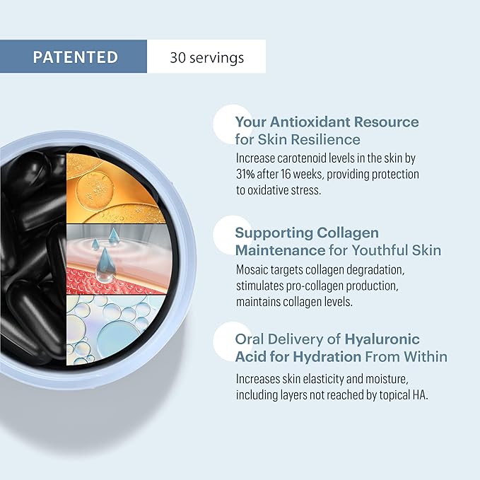 ELYSIUM Mosaic – Hyaluronic Acid &amp Collagen Supplement – Clinically Proven to Hydrate Skin &amp Reduce Fine Lines – Fights Visible Signs of Aging – 30-Day Vegan Softgel Supply