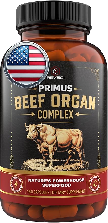 Beef Organ Supplement for Men &amp Women - PRIMUS Grass Fed Beef Liver Capsules with Heart Primal Ancestral Blend 5 Organ Meat Supplements Viking Energy Complex BioPerine for Absorption 180 Pills