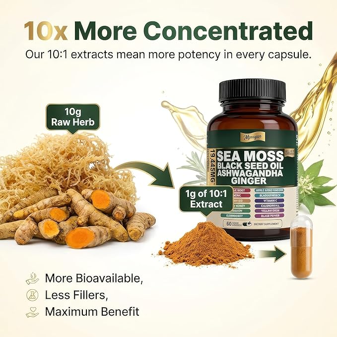 Sea Moss Black Seed Oil Ashwagandha Capsules - 10:1 Extract Blend 60ct