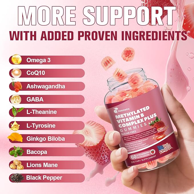 Ultra Methylated Vitamin B Complex Sugar Free Gummies - All B Vitamins + Vitamin C D3 K2 Ashwagandha Magnesium Omega 3 CoQ10 for Women Men - Methyl Vitamin B12 Methylfolate B1 B2 B3 B5 B6 B7 B9