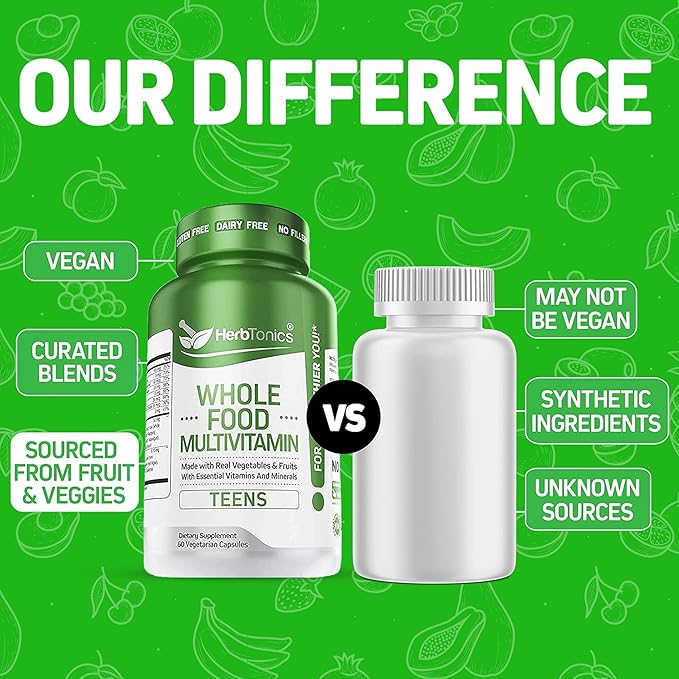 Herbtonics Whole Food Teen Vitamins for Energy Focus &amp Immune Support - Multivitamin for Teenage Boys &amp Girls (12-18) with Real Superfoods - Vegan Plant Based Non-GMO - 60 Easy Swallow Caps