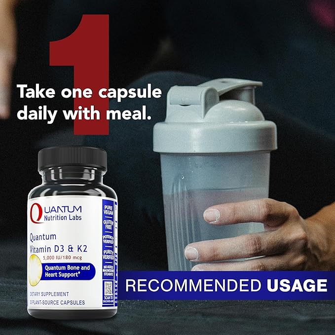 Quantum Nutrition Labs Vitamin D3 and K2 Supplement - Bone &amp Heart Health Support for Women &amp Men 5000 IU Vegan Vitamins Allows Calcium Absorption Gluten-Free - 30 Plant Based Capsules