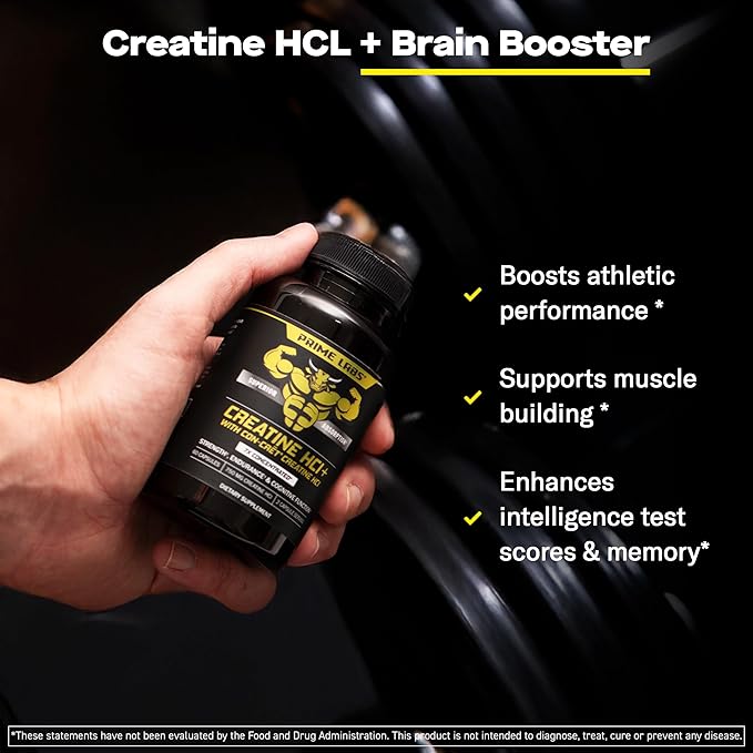 Prime Labs Creatine HCl Capsules - with CON-CRĒT® Rhodiola Root Extract &amp L-Theanine - Muscle Support Endurance Cognitive Function - for Men &amp Women - 60 Pills