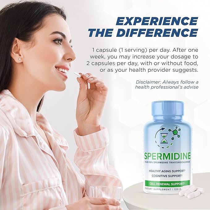 Pure Spermidine Supplement with Trihydrochloride 3HCL 10mg - 120 Capsules - Spermidine Supplements for Women for Brain Vitality Cell Repair Anti Aging Supplement for Men Longevity Supplements