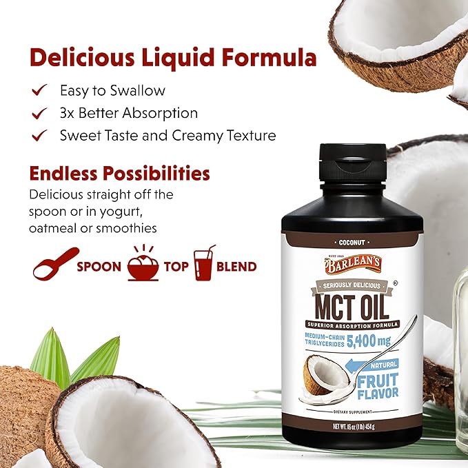 Barlean's MCT Oil Supplement Coconut Flavored for Keto Coffee Emulsified Creamy Liquid Syrup with 5400mg Plant-Based MCT's to Support Energy Focus and Wellness 16 oz