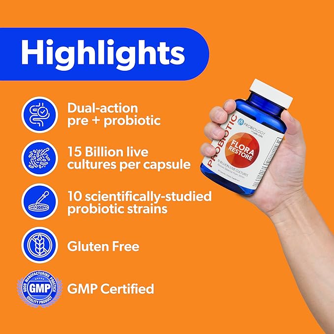 belle+bella Flora Restore Daily Probiotic - 15 Billion Live Cultures - Probiotics &amp Prebiotics for Digestive &amp Gut Health - Immune Support - Promotes Regularity - Vegan &amp Gluten Free - 60