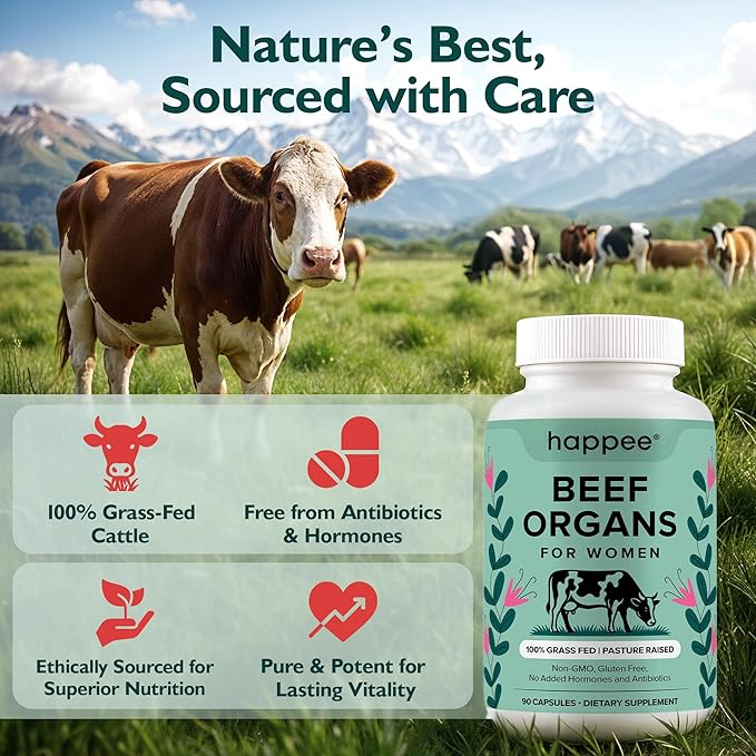 Happee Grass Fed Beef Organ Supplement for Women - Beef Liver Heart Kidney Ovary &amp Uterus Blend - Hormone Balance Energy &amp Cycle Support - 90 Capsules