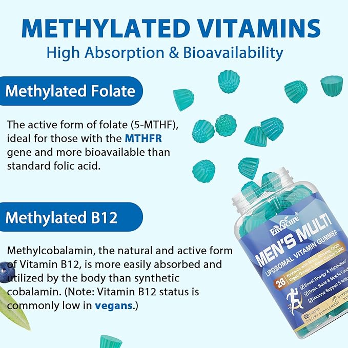 Methylated Multivitamin for Men Gummies Vegan Omega 3 CoQ10 Zinc Vitamin A C D3 K2 E B Complex Calcium Magnesium Lycopene - Liposomal Vitamins - Energy Immune Bone Brain Sugar Free 120 Cts