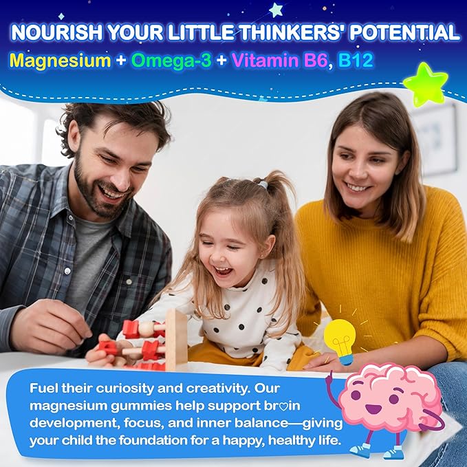 Kids Magnesium Glycinate Gummies - Magnesium Glycinate Supplement 200mg with L-theanine Omega-3 Calcium Vitamin D3 &amp B12 for Kids Natural Zzz at Bedtime &amp Overall Health - Sugar Free &amp Non