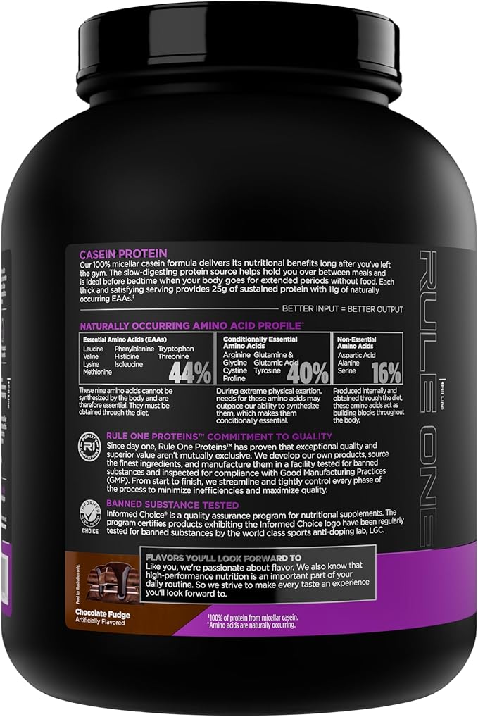 Rule 1 Proteins Casein Protein - 25g Protein and 11g EAAs Per Serving from Slow-Release Micellar Casein for Overnight Recovery and Sustained Delivery Between Meals (4 Pounds Chocolate Fudge)