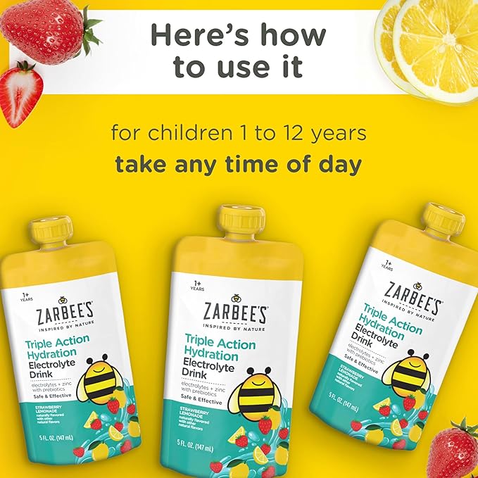Zarbee’s Triple Action Hydration Electrolyte Drink for Kids Low Sugar with Prebiotics &amp Zinc Mild to Moderate Dehydration Strawberry Lemonade &amp Lemon Lime 12 x 5 fl oz Pouches