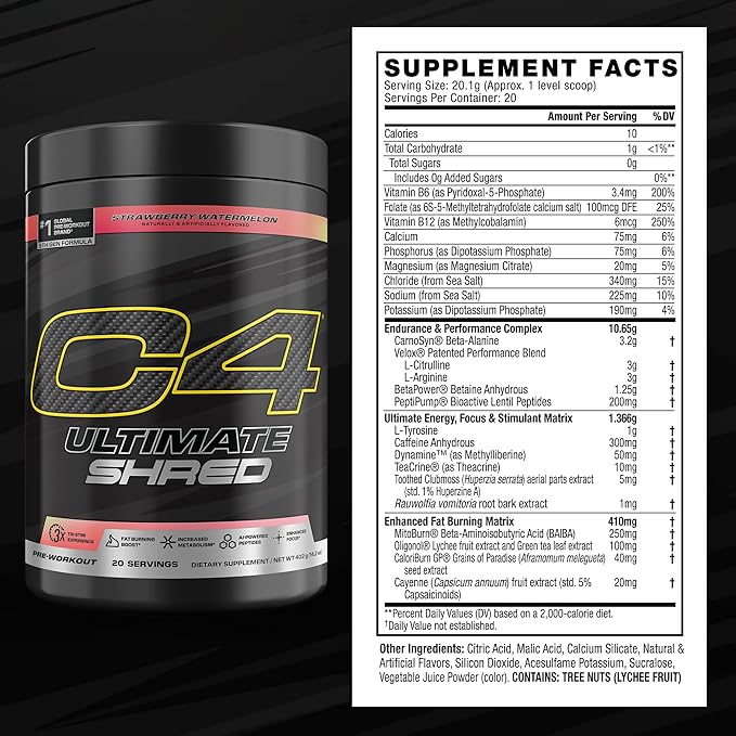 Cellucor C4 Ultimate Shred Pre Workout Powder Fat Burner for Men &amp Women Weight Loss Supplement with Ginger Root Extract Strawberry Watermelon 20 Servings 12.3 Ounce (Pack of 1)