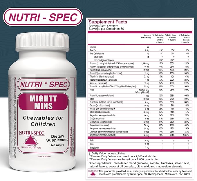 Nutri-Spec Mighty-Mins - Multivitamin for Kids with Iron in Chewable Form - for Children from 6 Months Through Adolescence - Easier to Absorb Gentle On Digestion - 240 Wafers