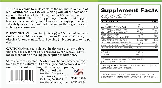 L-Arginine 5000mg + L-Citrulline 2000mg Complex Powder Supplement - Nitric Oxide Booster - Heart Health Circulation Energy &amp Endurance - 30 Servings (Pineapple)