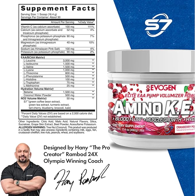 Evogen Amino K.E.M. - EAA &amp BCAA Powder Pump Volumizer | BCAAs Amino Acids Supplement for Blood Flow Muscle Growth &amp Hydration | Cranberry Pomegranate | 30 Servings