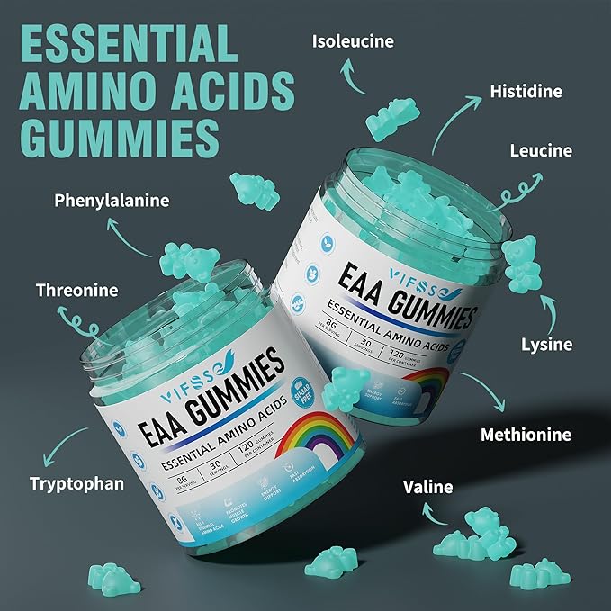 VIFSSG EAA Gummies 120 Gummies (Blue Raspberry) Essential Amino Acids - All 9 Essential Aminos (EAA) and All Branched-Chain Aminos (BCAAs) Non-GMO Gluten Free Vegetarian Friendly 2 Pack