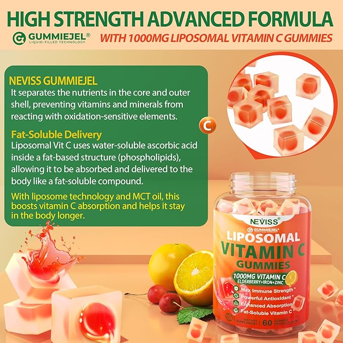 Liposomal Vitamin C 1000mg Gummies for Adults - Vitamin C Chewable with Elderberry Zinc &amp 8mg Iron Sugar Free Vit C Supplements Daily Immune Support Gummies for Energy Collagen Booster 120 Co
