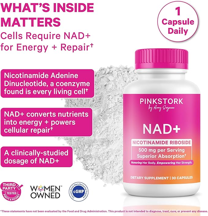 Pink Stork NAD+ Supplement for Women | 500 mg Nicotinamide Riboside NR | Clinically Studied Pure NMN Powder | Brain + Cognitive Support | Energy + Skin Essentials Over 30 | 30 Capsules