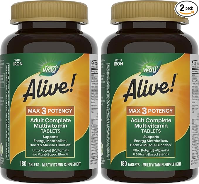 Nature's Way Alive! Max3 Potency Daily Multivitamin Methylated B12 and Folate Ultra Potency B-Vitamins to Support Energy Metabolism* 180 Tablets (Pack of 2)