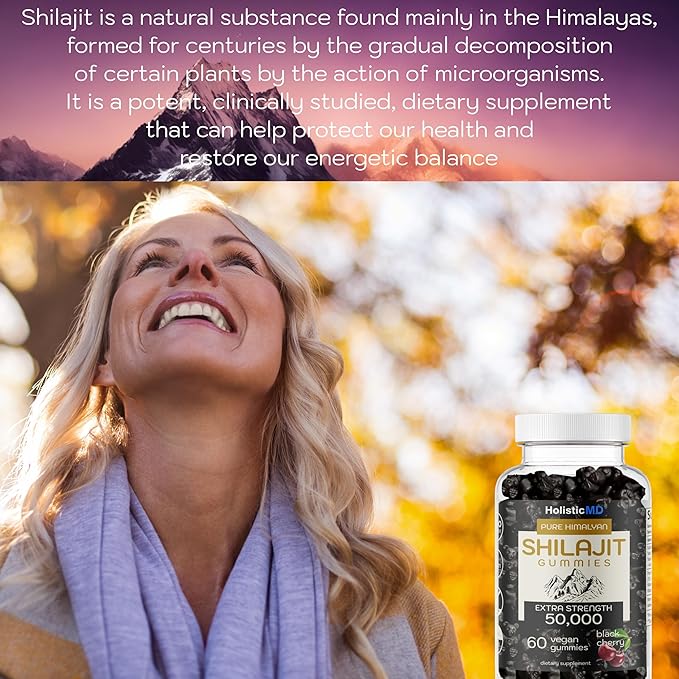 Shilajit Gummies for Men Women Pure Himalayian Extra Strenght 50000 Resin for Metabolism Support Ashwagandha Siberian Chaga | 2 Months Supply Vegan Keto Friendly Cherry 60 Gummies