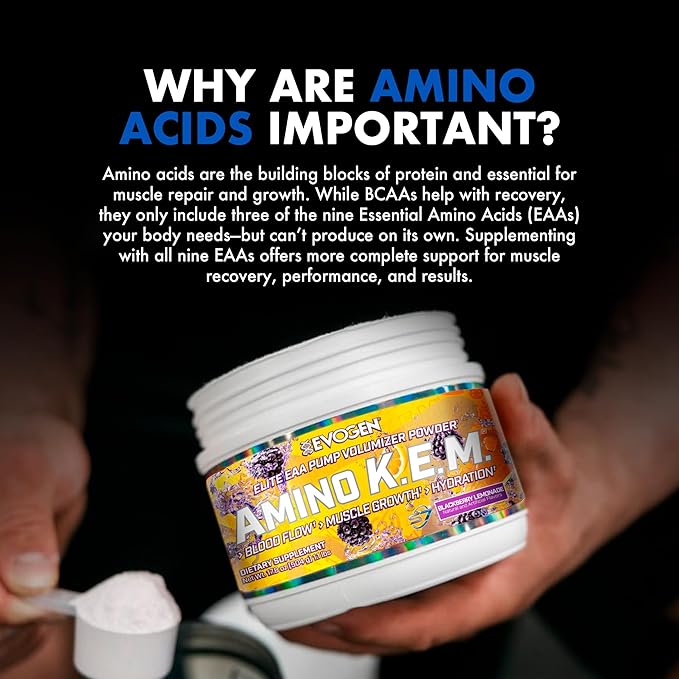 Evogen Amino K.E.M. - EAA &amp BCAA Powder Pump Volumizer | BCAAs Amino Acids Supplement for Blood Flow Muscle Growth &amp Hydration | BlackBerry Lemonade | 30 Servings